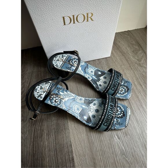 Dior Bandana Embroidered Deep Blue Dway Heeled Sandal Strap Low Heel Pumps EU38/ - Picture 6 of 14